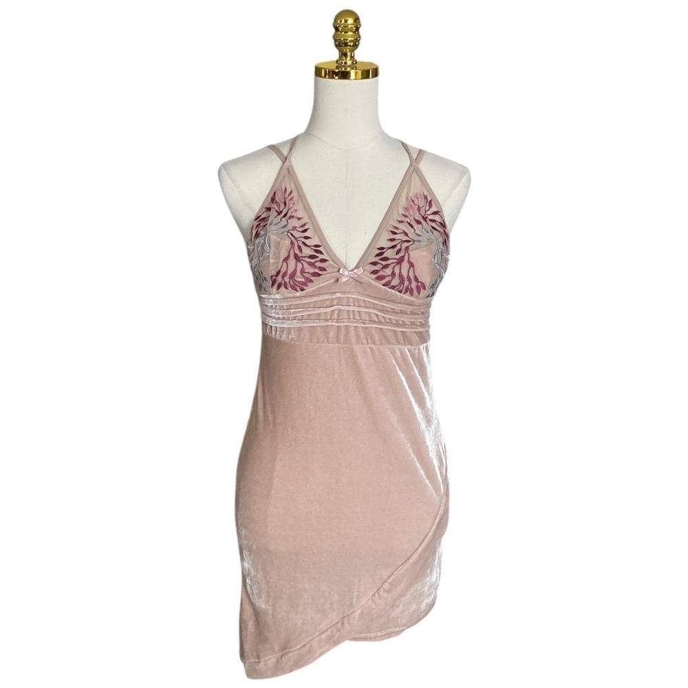 Y2K Cream Strappy Babydoll Velvet Floral Embroidery Asymmetric Hem S Whimsigoth